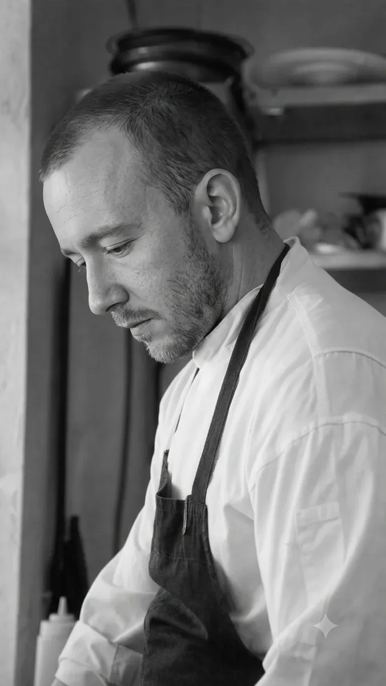 Black and white candid portrait of Chef Elia Marchetti in profile