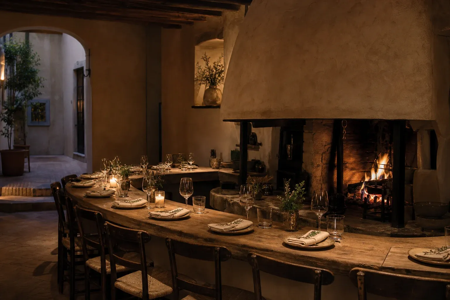 Twelve-seat tasting counter with terracotta plaster walls, oak beams, candles, and an open hearth